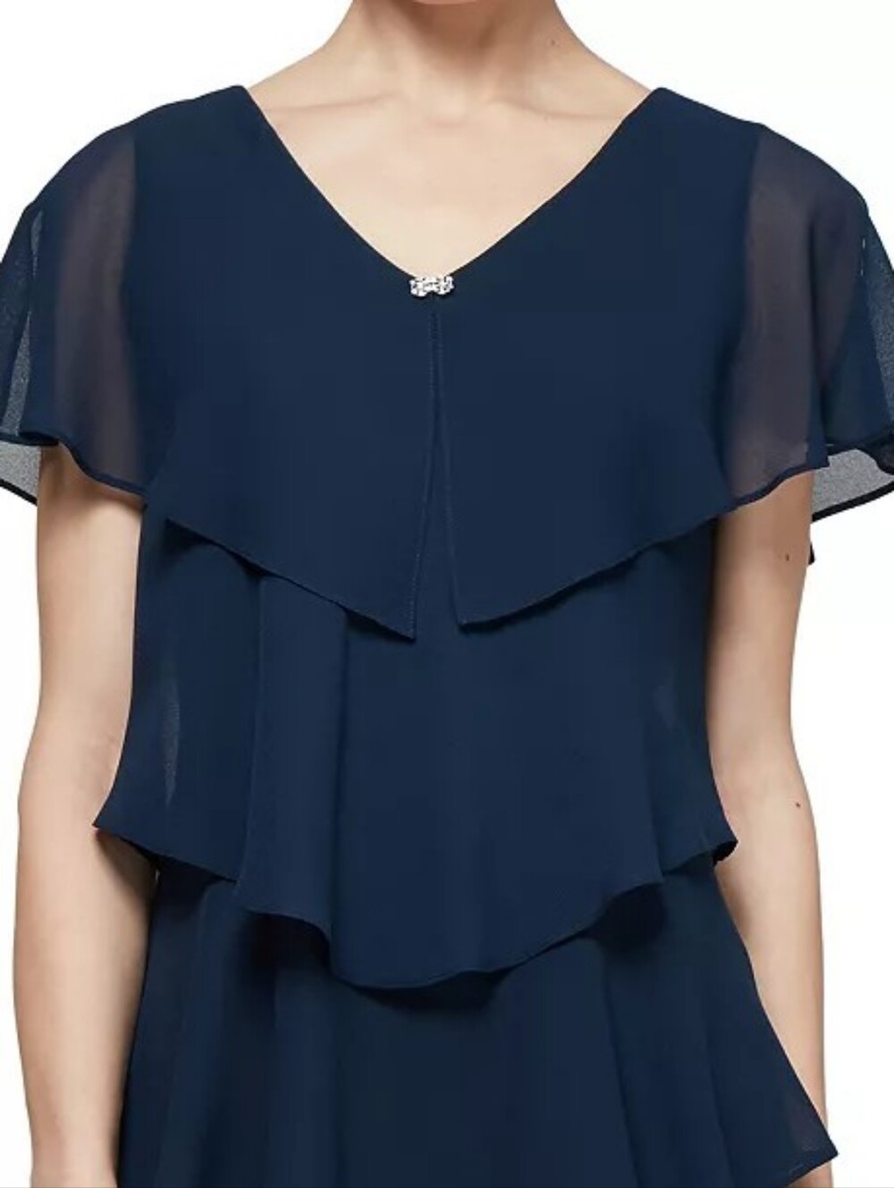 SLNY Navy Blue Tiered Capelet Rhinestone Detail Flowy Ruffle Dress Size 12 - Picture 2 of 14